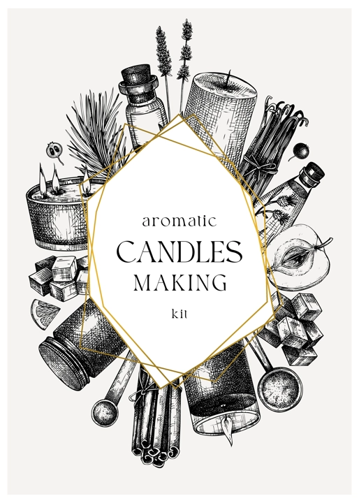 Scented candles card or flyer design. Hand-sketched aromatic materials and natural ingredients for candle making, cosmetics, perfumery. Great template for branding, packaging, identity, web banners.